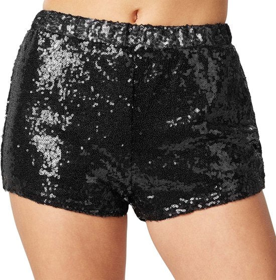 Dressforfun Pailletten-short zwart L - verkleedkleding kostuum halloween verkleden feestkleding carnavalskleding carnaval feestkledij partykleding - 303898