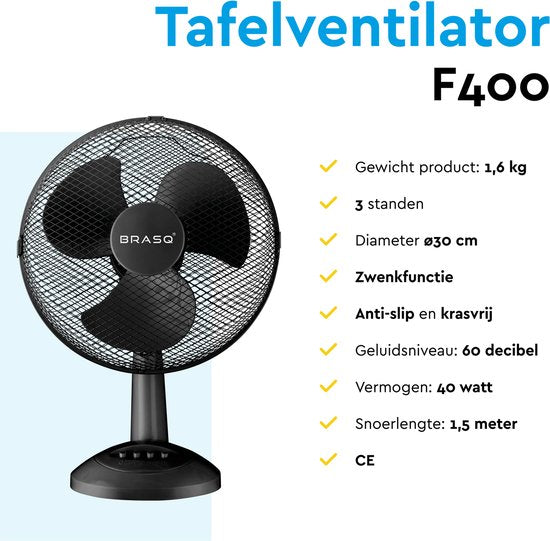 BRASQ Ventilator 30 cm – Krachtige Tafelventilator – 3 Standen – Zwart