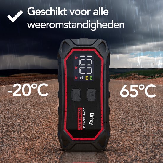 Brixy Jumpstarter voor Auto - 2200A / 16.000 mAH - 4-in-1 Starthulp - LED Zaklamp, SOS Noodlicht en Powerbank - Rood/Zwart