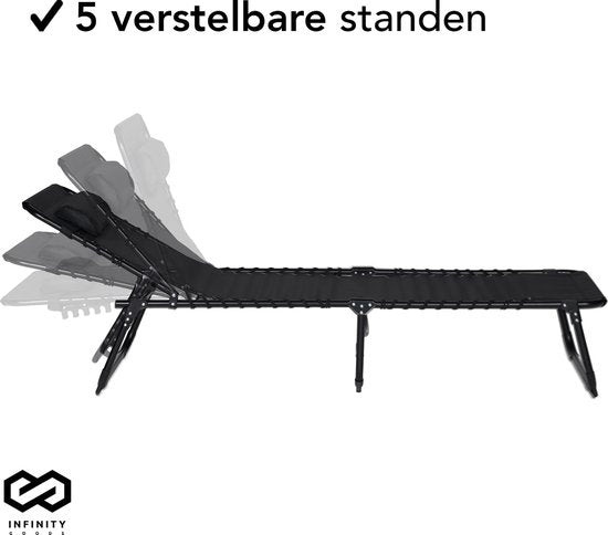 Infinity Goods Ligbed - Opvouwbaar - Inclusief Hoofdkussen - Zonnebed - Ligstoel - Verstelbaar - Tuin - Weerbestendig - Antraciet