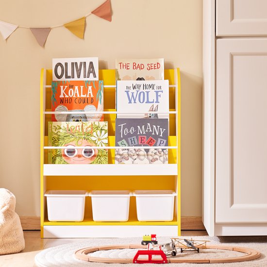 SoBuy KMB108-G Kinderboekenkast - Wit Houten Opbergrek met 3 Vakken