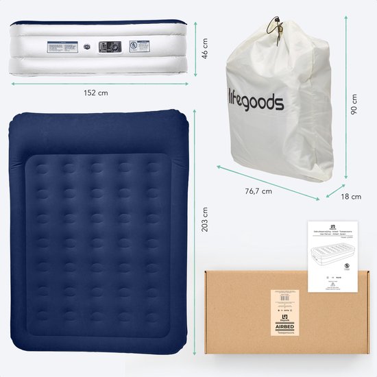 LifeGoods Luchtbed - 2 Persoons - met Ingebouwde Pomp - Incl. Draagtas en Reparatiekit - Wit/Blauw