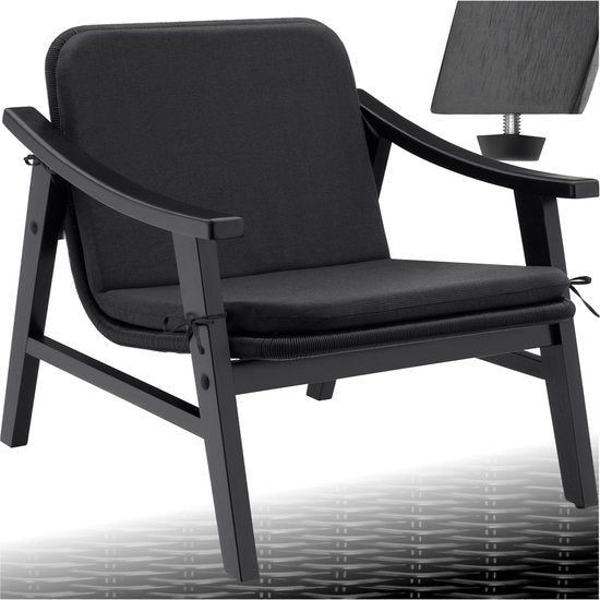 tectake® Tuinstoel - Houten Stoel voor Balkon of Tuin - Rieten zitting - Buitenfauteuil - Draagvermogen tot 150kg - Stoel voor binnen of buiten - Incl. kussen - zwart