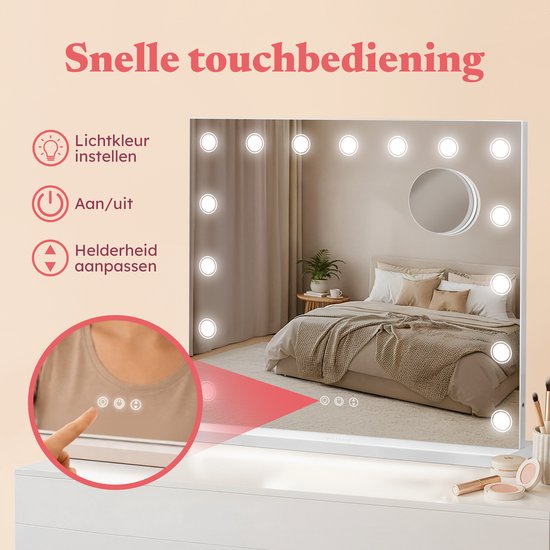 Fraay® Hollywood Spiegel met Verlichting 60x50cm - 3 Lichtstanden - Make Up Spiegel met 10x Vergrootspiegel - LED Dots Verlichting Dimbaar - Incl. 2 Beauty Blenders en Powder puff
