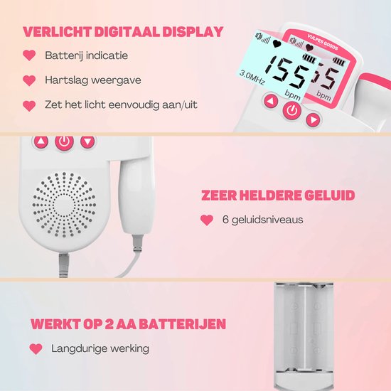 Vulpes Goods® BabyCare - Doppler Baby PRO - Baby Hartje Monitor - Fetal Doppler - Hartslag Baby Doppler - Echo Apparaat -Zwangerschapscadeau - Roze - Incl. ultrasound gel en oordopjes