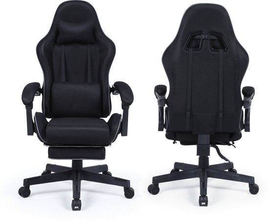 VDD Gaming - Gamestoel met massagefunctie en voetsteun - Gaming chair in de kleur Zwart - Game stoel met nekkussen & verstelbaar rugkussen - Ergonomische bureaustoel met padded armsteunen - Max draagvermogen 150 kg - Verstelbare ruggensteun