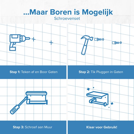 Happy Goods WC Rolhouder met Plankje - Zelfklevend / Boren - Toiletrolhouder Zwart zonder Boren - RVS - Incl. Schroeven