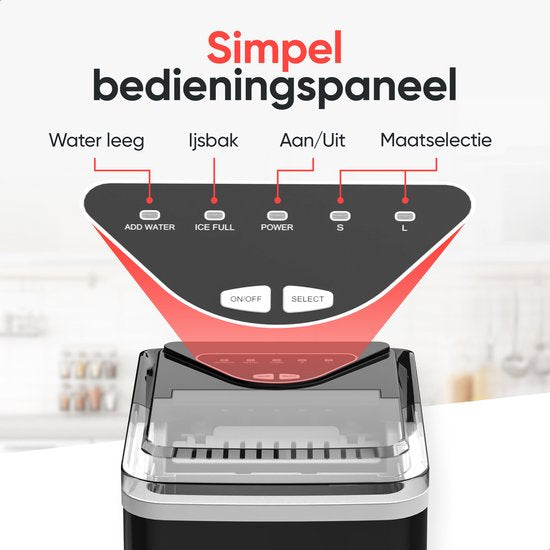 Kitchenwell IJsblokjesmachine – 2L - IJsblokjesmaker met IJsschep – 12kg/24 uur – Zelfreinigingsfunctie - Zwart