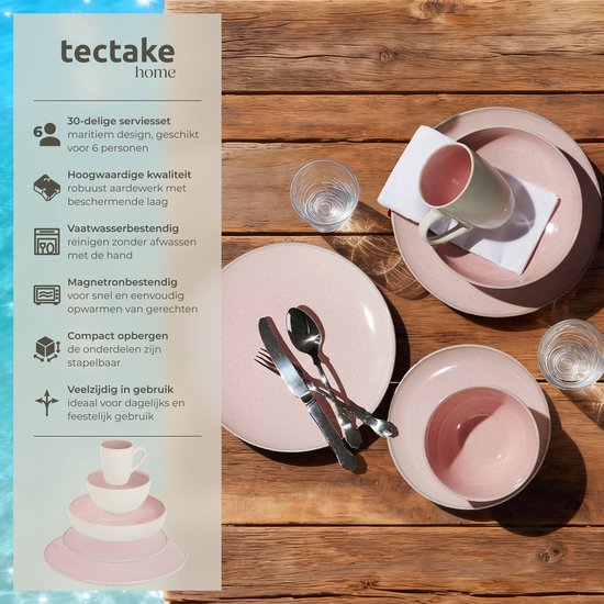 tectake® Serviesset Mare - 30-delig - Aardewerk met Glanzend Glazuur - 6 Persoons - Handgemaakt Servies - Moderne Bordenset met Grote en Kleine Borden, Kommen, Schaaltjes en Kopjes - Vaatwasser- en Magnetronbestendig - Roze