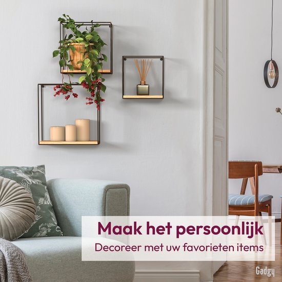 Gadgy Wandrekken Industrieel - Set van 3 - Vierkant Wandrek Zwart - Wanddecoratie Woonkamer - Muurdecoratie Hout - Wandplank zwevend voor Slaapkamer - 32, 27 en 22 cm