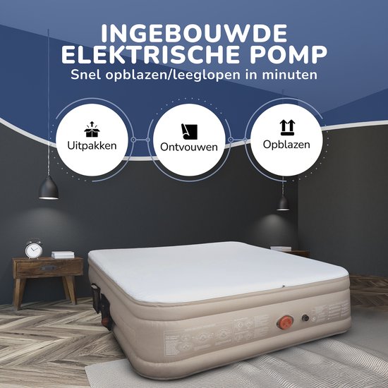FLOAT CloudSpring - 2 Persoons luchtbed met (5 cm) Foam Topper - <3 min snel opgeblazen - Inclusief 2 opbergzakken, draagtas en reparatiekit - 203x152x46 cm - Zelfopblazend Twee persoons luchtmatras - Ingebouwde elektrische pomp - Stevig Logeerbed