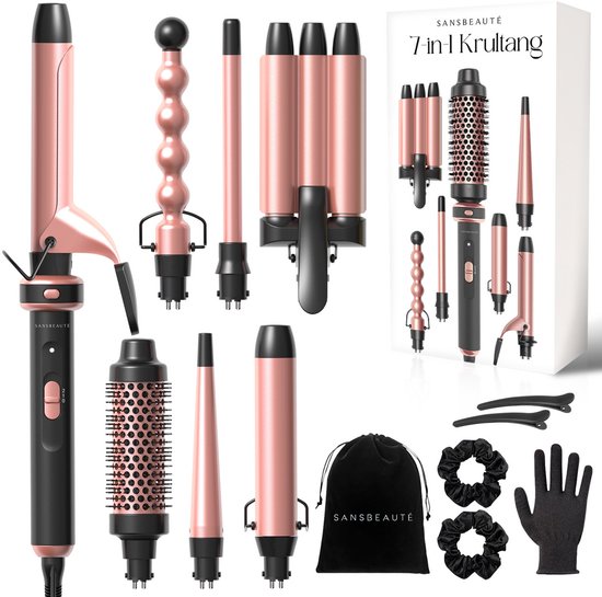 Sansbeauté® 7 in 1 Krultang met Klem en Wafeltang - Keramische Haarkruller - 13mm tot 38mm - Föhnborstel Kort Haar - Warmteborstel - Krultangen - Thermal Brush - Haarstyler - Krulborstel 5 in 1