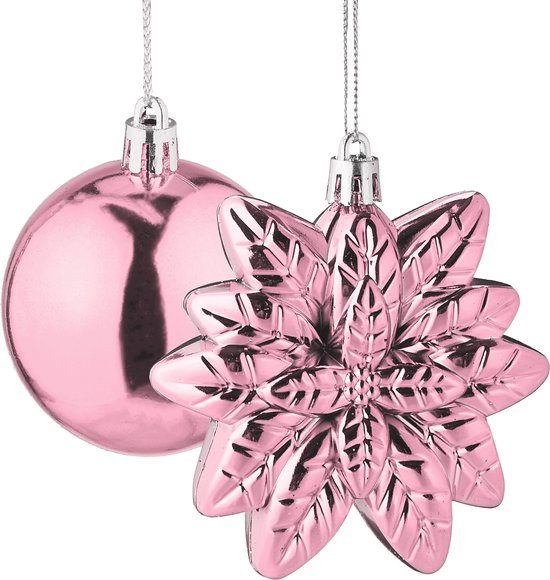 kerstballen set van 100 - plastic - mat - glanzend - glitters - 10 designs - roze