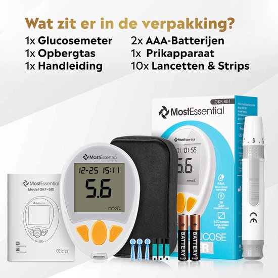 MostEssential Premium Glucosemeter Startpakket - Bloedsuikermeter - Bloedglucosemeter - Diabetes Meter - Alles in één set - Inclusief Opbergtas, Prikpen, 10 Teststrips & 10 Lancetten