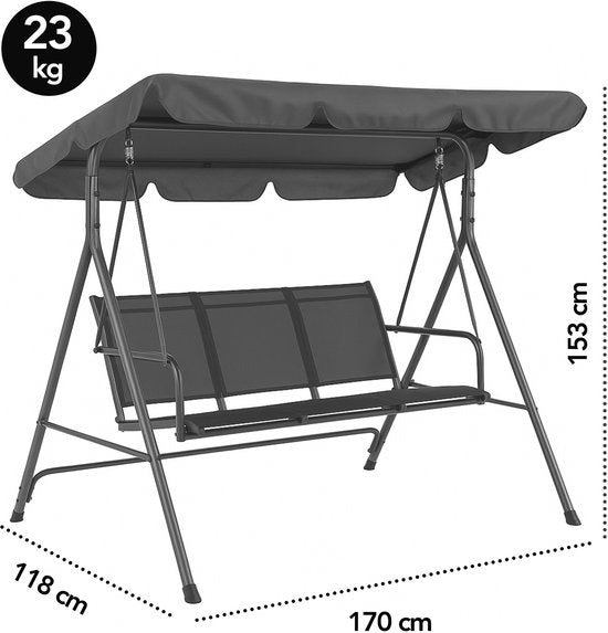 Brixy Schommelbank - 3-Zits - Verstelbare Luifel - UV-bestendig - 170x118x153cm - Antraciet