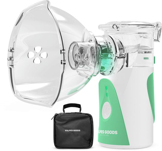 Vulpes Goods® HealthCare - Aerosoltoestel - Ultrasone Vernevelaar Inhalator – Nebulizer - Inhalatieapparaat voor Kinderen, Volwassenen & Baby’s – Helpt tegen Luchtwegaandoeningen - Incl. 3 mondstukken & luxe reistas