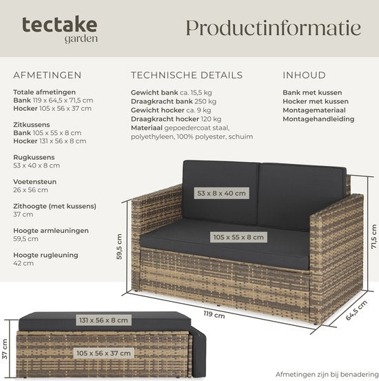 tectake® Wicker loungebank - Met voetenbank - Voor 2 personen - Loungebank met zit- en rugkussens - Weerbestendig - Ideaal voor terras, serren en balkon - Afmeting bank (LxBxH) 119 x 64,5 x 71,5 cm - Natuur