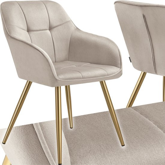 tectake® Fluwelen Stoel – Eetkamerstoel Met Gewatteerde Fluwelen Stof, Moderne Keukenstoelen, Comfortabele Fauteuil Voor Woonkamer, Eetkamer, Lounge – taupe / goud