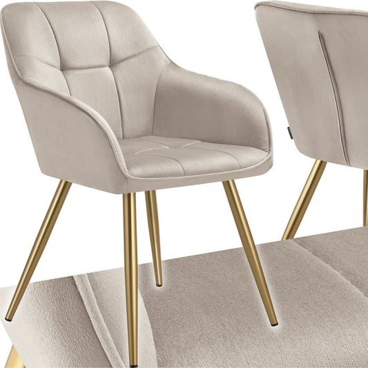 tectake® Fluwelen Stoel – Eetkamerstoel Met Gewatteerde Fluwelen Stof, Moderne Keukenstoelen, Comfortabele Fauteuil Voor Woonkamer, Eetkamer, Lounge – taupe / goud
