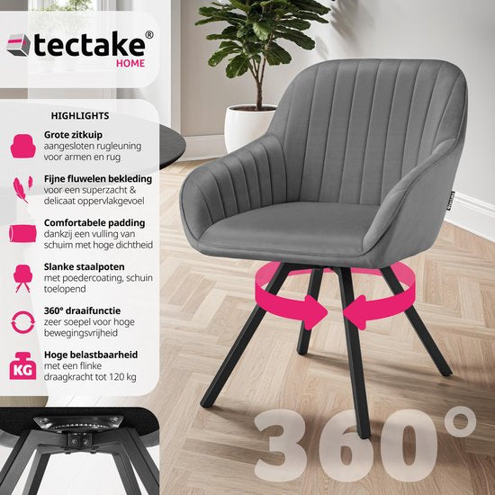 tectake® - Draaibare eetkamerstoel met armleuningen - Ergonomische kuipstoel met fluwelen bekleding - Gewatteerd - Draaistoel voor woonkamer, eettafel, studeerkamer, kaptafel en keuken - Grijs