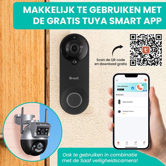Video Deurbel met Camera - Inc. Gong & 128GB SD - Draadloos - Slimme Deurbel - met App - Zwart - van Saaf
