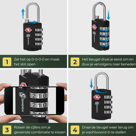 Gandria Hangslot voor op Reis - TSA Slot - Reisslot 2 Stuks - Cijferslot met 4 Cijfers - Kofferslot 4 Cijferig - Zinc Alloy Staal