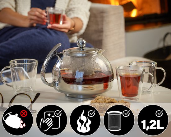 Monzana Glazen Theepot - met RVS-Filter & Infuser 9 Kops - 1.2 Liter