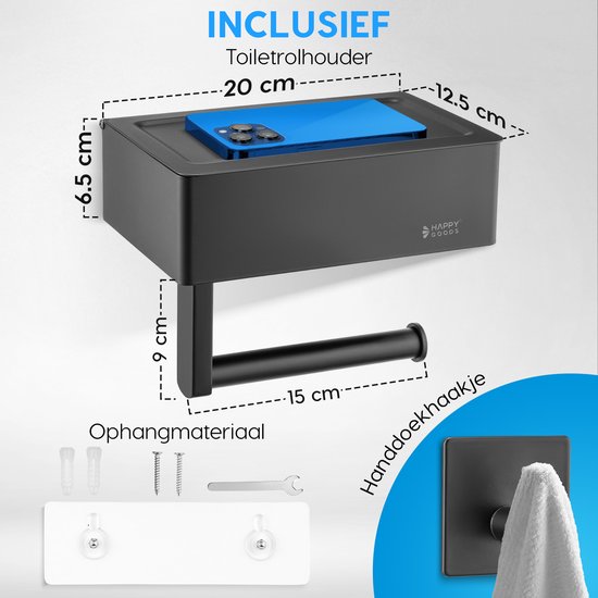 Happy Goods WC Rolhouder met Plankje en Bakje - Zelfklevend / Boren - Toiletrolhouder Zwart zonder Boren - RVS - INCL. Handdoekhaakje