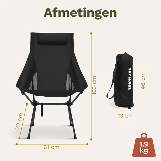 TRVLMORE Campingstoel - Opvouwbaar - 120KG Draagvermogen - Incl. Draagtas - Klapstoel - Visstoel - Kampeerstoel - Vouwstoel - Zwart