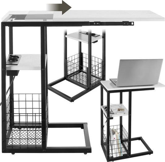 tectake® Laptoptafel met laadstation - Incl. stekkerdoos – C-Vormige computertafel - Bijzettafel - Nachtkastje - Met krantenstandaard en extra plankje - Wit