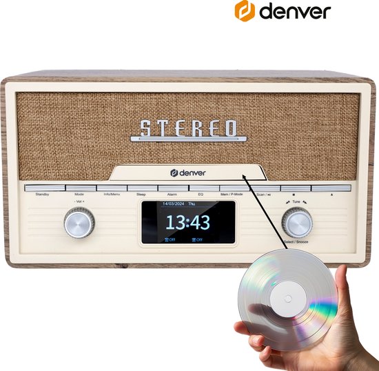 Denver DAB Radio CD Speler - Retro Radio - Bluetooth - 20 voorkeuzezenders - DAB /FM / AUX - MDA525 - Lightwood