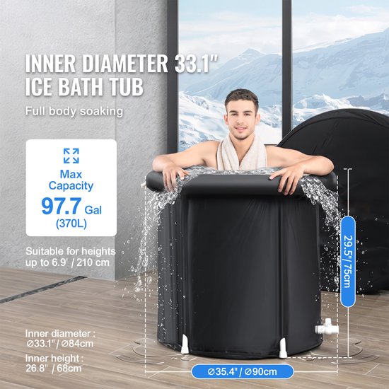 Ijsbad, 90 cm Koudwatertherapie Dompelbad Voor Sporters, Draagbaar Opblaasbaar 370-Liter Vouwbad met Deksel, Recreatief Ijsvat voor Volwassenen Buiten