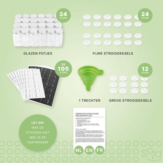 S.old - 24 Glazen Kruidenpotjes vierkant met Deksel - Kruidenstrooier - Complete set met Strooideksels, Voorbedrukte Stickers en Trechter - Inhoud 120 ml - 10,5 x 4,3 cm