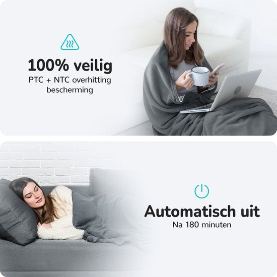 Bloomfold Elektrische Deken - 160 x 130 cm - Wasmachinebestendig - 1 Persoons - 9 Standen - Met Timer - Warmtedeken - Grijs/flannel
