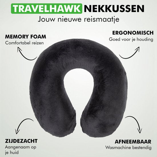 Travelhawk Nekkussen - Luxe Reiskussen - Memory Foam - Nekkussen Vliegtuig, Auto, Bus, Trein en Camping - Nek Kussens - Zwart