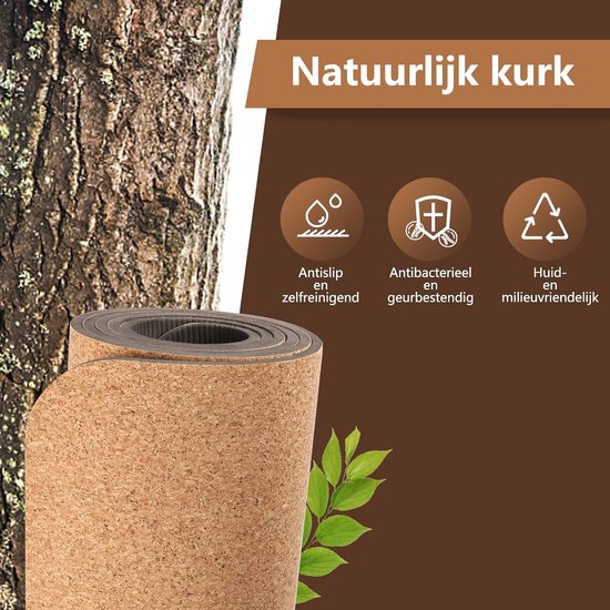 DH FitLife Yogamat van kurk & TPE, mat 183 x 61 x 0,6 cm, fitnessmat, antislip en milieuvriendelijk, sportmat van nature zelfreinigend, yogamat met oriëntatielijnen (grote lotos)