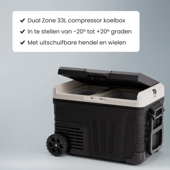 Auronic Elektrische Koelbox - Compressor - 2 Zones - 33L - 12/24V en 240V - Koelen en Vriezen - Camping Koelkast - Frigobox Auto - Met Wielen en Hendel - Zwart