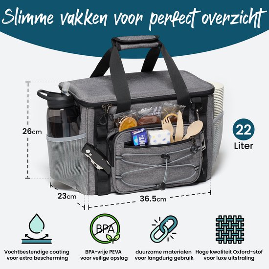 Koeltas Groot - 22 Liter - 5 Laags Geïsoleerde Picknicktas voor Volwassenen - Lunchtas - Grijs - Sunflake