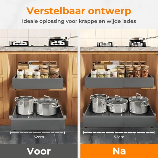 Posity Schuiflade – Keukenkast Organizer – Gootsteenkast/Lade Organizer - binnenlade keuken – Uittrekbaar en Verstelbaar (32-52 cm) – Telescopisch – Grijs