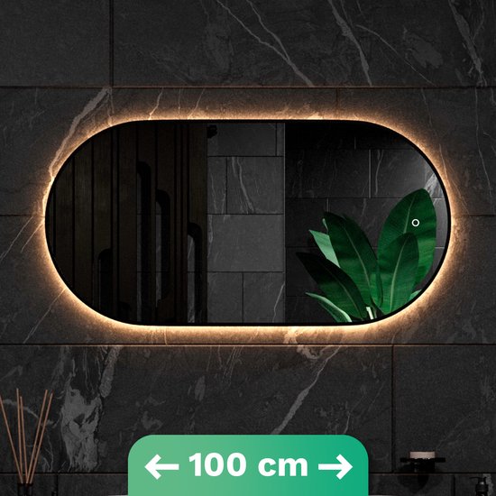 Mirlux Badkamerspiegel - LED Verlichting - Verwarming – Wandspiegel Ovaal – Zwart Frame - 100x50CM