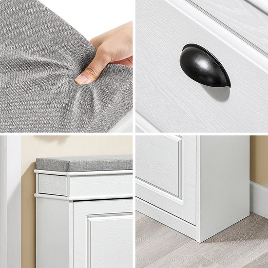 SoBuy FSR82-L-WG Schoenenkast entreebank – schoenenbank met toiletzitting en schoenenopbergkussen voor hal, woonkamer 75 x 24 x 51 cm, capaciteit 180 kg, wit antiek houteffect