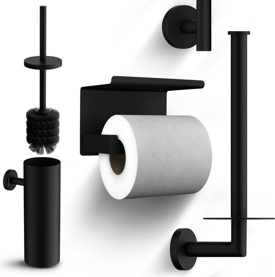 Mirlux Badkameraccessoireset - Toiletborstel met houder - Toiletrolhouder - Wc Rolhouder zonder boren - Handdoekhaakjes Zelfklevend - Reserverolhouder - Toiletborstelhouder - Zwart