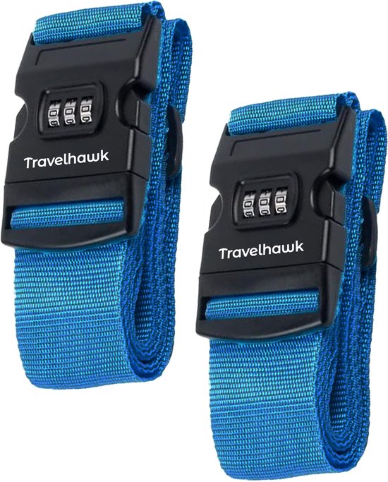 Travelhawk Kofferriem met Cijferslot - 2 Stuks - Bagageriem - Kofferriemen - Verstelbaar - 180 Centimeter - Extra Beveiliging - Reizen - Blauw