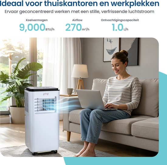 Gologi 3-in-1 Mobiele Airco - Aircooler met Wifi en App - 9.000 BTU/h - Met Raamafdichtingskit - Inclusief Afstandsbediening – Geschikt voor Slaapkamer - Wit