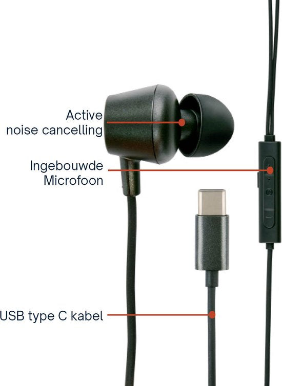 Grundig Oortjes met draad USB C - In-Ear Oordopjes met Draad 120cm - Earbuds met Microfoon - Geschikt voor iPhone, Samsung en Tablet - Active Noise Cancellation - Zwart