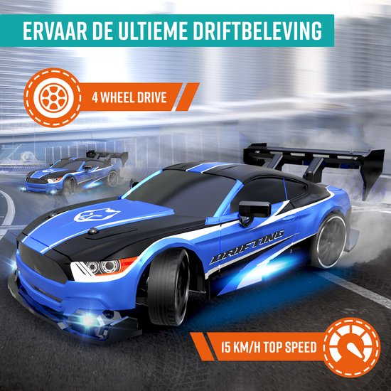 NAPI Bestuurbare RC Auto - Drift Car met 2 Accu’s, LED & Accessoires - 15 km/h - Buitenspeelgoed - Race Autos voor Jongens & Volwassenen - Buiten Speelgoed - Speelgoedauto Radiografisch - Drift King