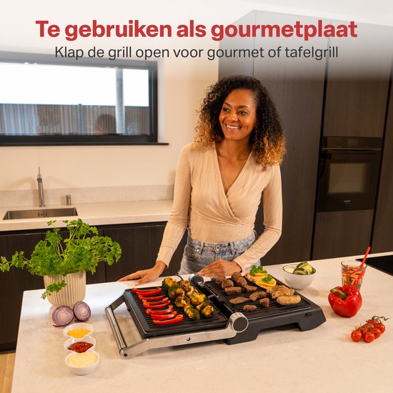 AoraKitchen Contactgrill - 180º Uitklapbaar - Grill Apparaat met Uitneembare Platen - 7 Standen - Tosti en Panini Ijzer - 2000W