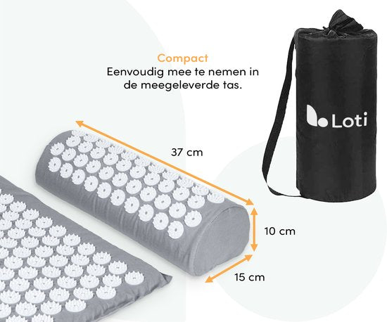 Loti Spijkermat met Spijkerkussen – Grijs/Wit – Acupressuur Mat - Spijkerbed - Acupunctuur Kussen - Shakti Massage – Incl. Draagtas