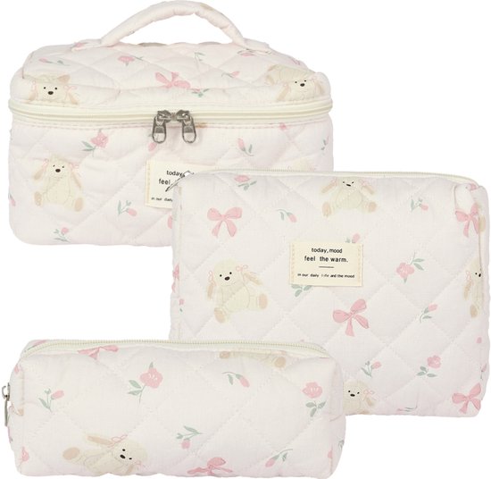 SC Travel Essentials - 3-delige Make-up Tas Set - Eco-vriendelijk Katoen - Gewatteerde Gebloemde Organizers - Ruim, Duurzaam en Ideaal voor Reizen