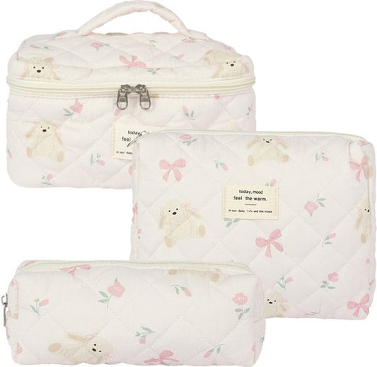 SC Travel Essentials - 3-delige Make-up Tas Set - Eco-vriendelijk Katoen - Gewatteerde Gebloemde Organizers - Ruim, Duurzaam en Ideaal voor Reizen